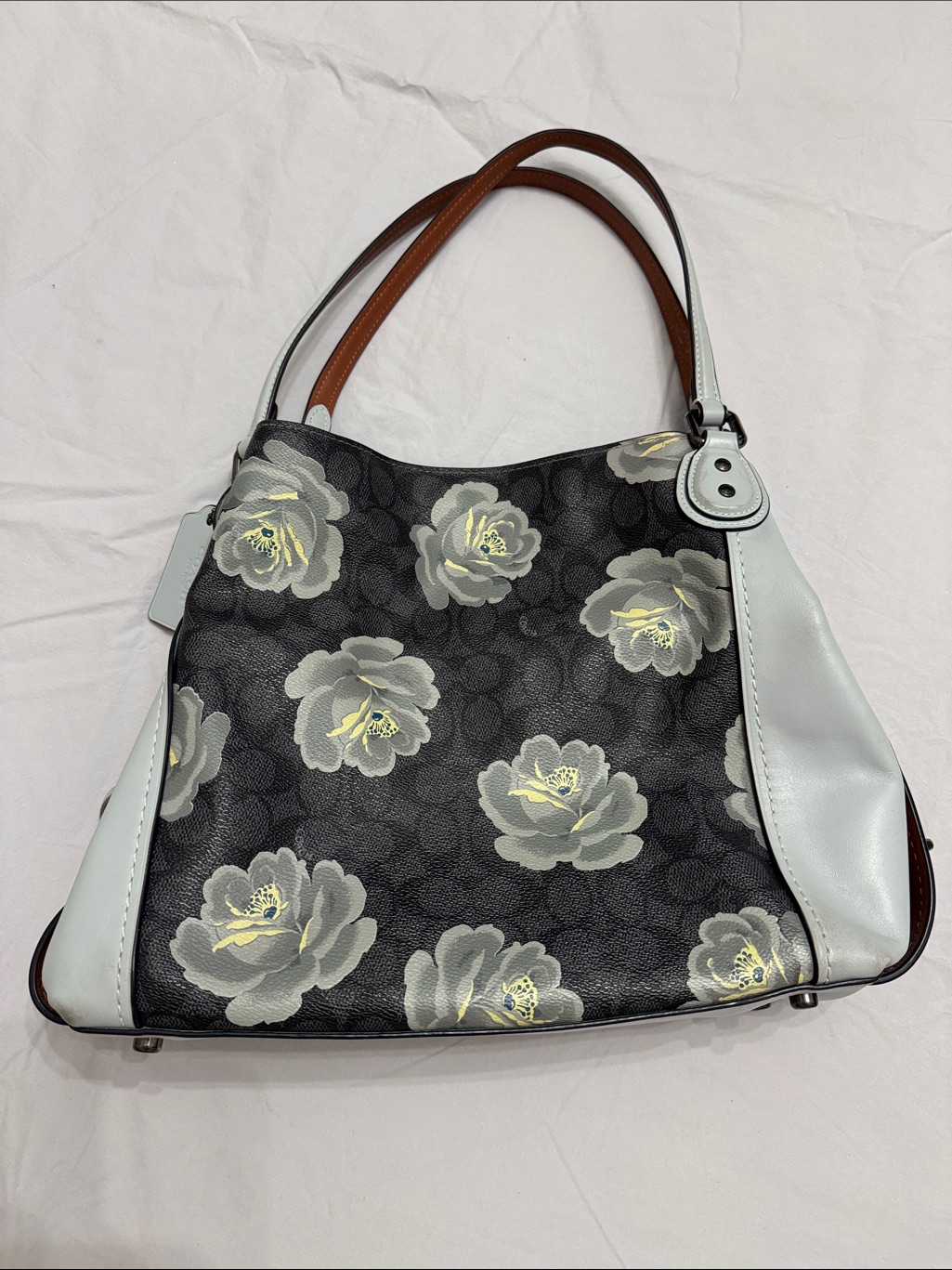 Coach Edie 31 Dark Charcoal/Sky Blue Shoulder Bag In Signature Rose Print